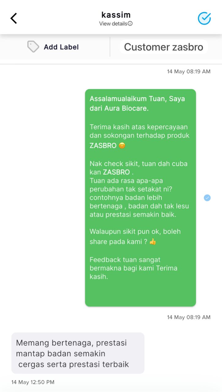 Tangkapan skrin WhatsApp daripada Pelanggan ZasBro