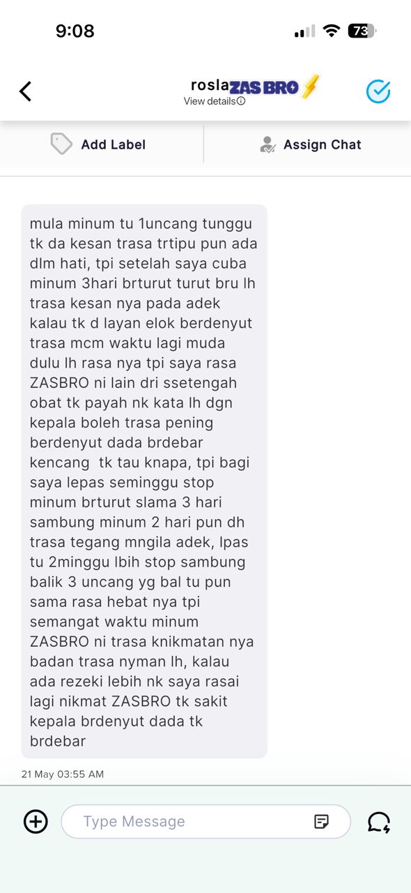 Tangkapan skrin WhatsApp daripada Pelanggan ZasBro