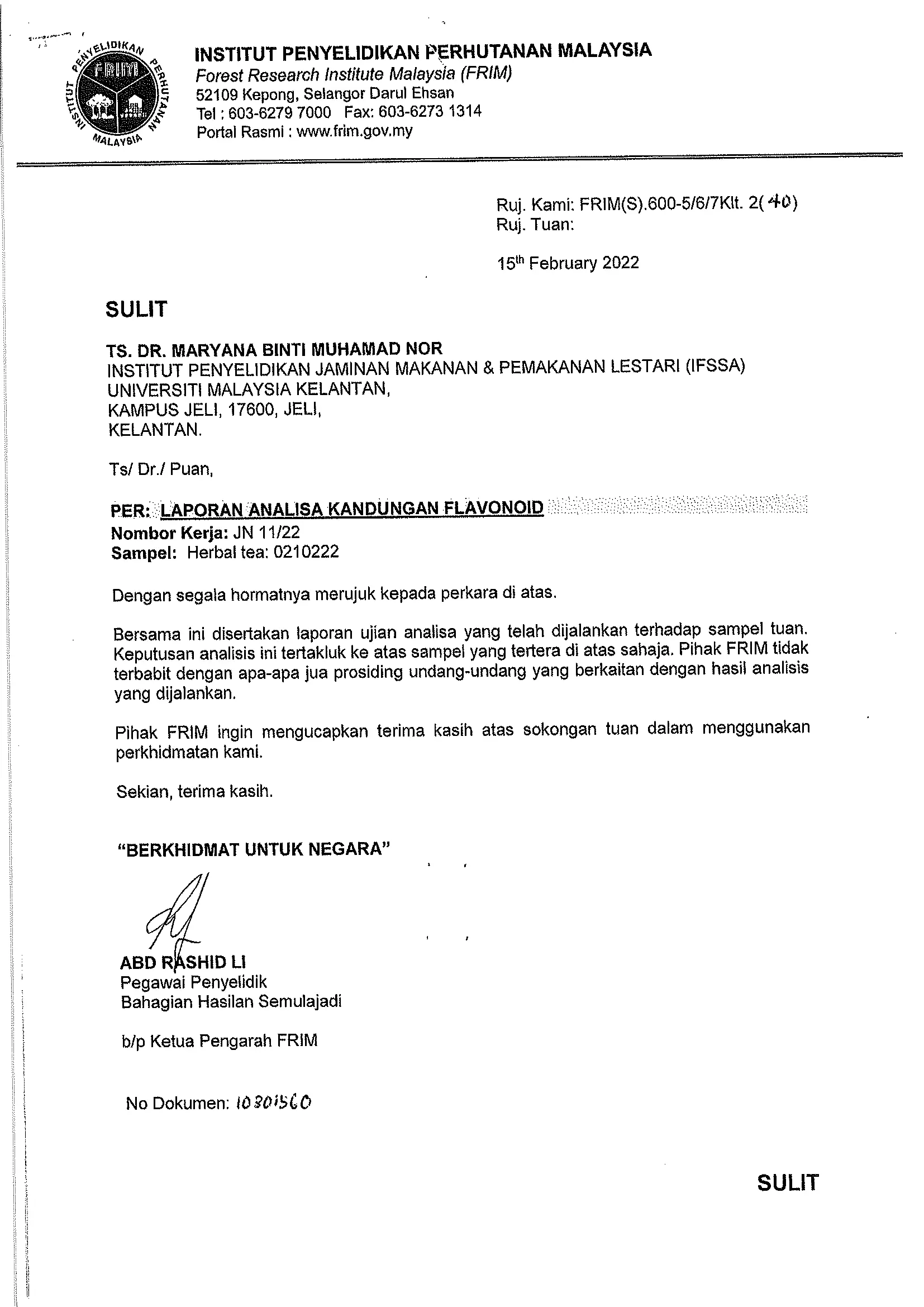 Sijil analisis flavonoid iKenaf