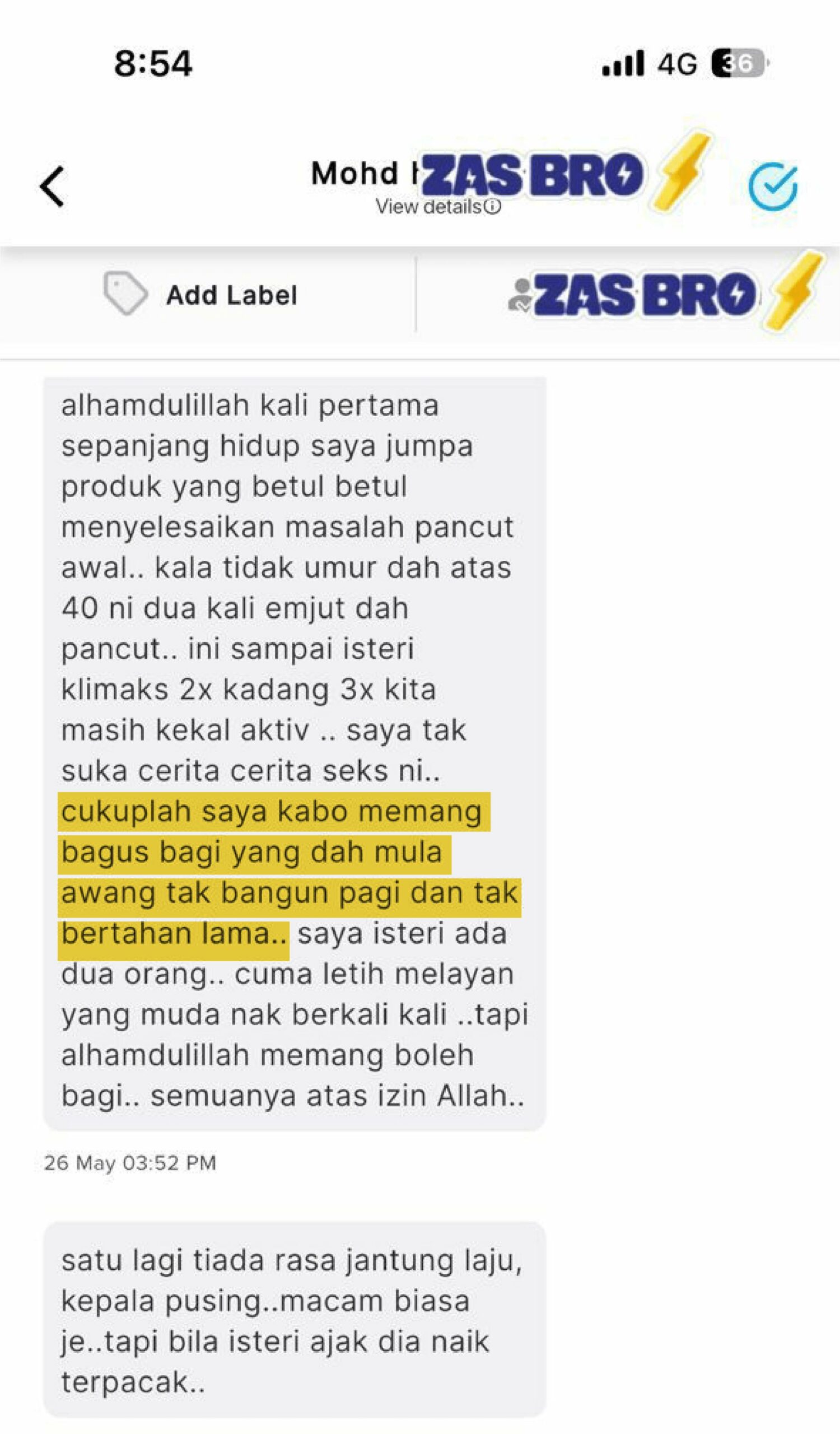 Testimoni WhatsApp pelanggan ZasBro, lelaki 40-an