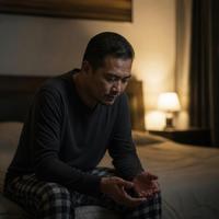 Lelaki duduk termenung di tepi katil